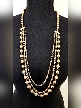 Gold Tone Layered Beaded Necklace and Earrings Set Statement Chunky